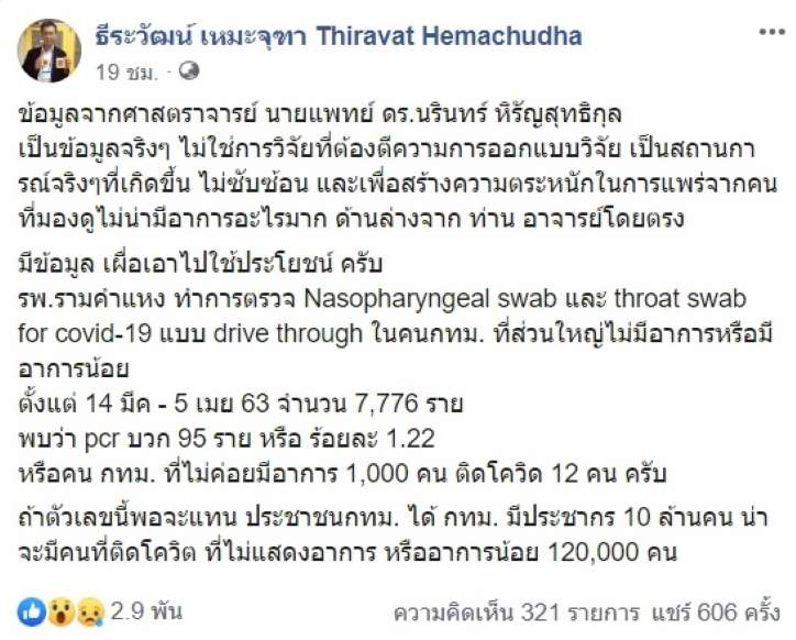 หมอธีระวัฒน์ เผยผลตรวจ PCR บ่งชี้คนกทม.น่าจะติดโควิด ที่ไม่มีอาการ1.2แสนคน - ครูโอ๋ รูปที่ 2